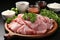 Raw chicken meat on wooden plate with spices and vegetables on black background Ai generative