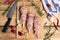 Raw chicken skewers . Kebab. On a wooden background. Top view