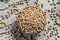 Raw Chickpeas in bowl. Nutritious food.  Healthy and vegetarian food. Gray background. Top view