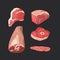 Raw chopped pieces of meat, pork, lamb, beef, turkey on a black background. Vector illustration.