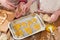 Raw cookies in baking tray, sweet food concept