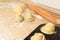 raw cruffins before baking in the oven in an iron mold. puff pastry croissant similar to a muffin rolled into a roll. modern