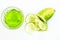 Raw cucumber along with some aloe vera gel well mixed in a glass bowl isolated on white entire ingredients.Used to rejuvenate your