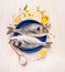 Raw dorado fish in blue plate with spilled oil ,salt,herbs and spices on white wooden background