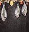 Raw dorado fish hanging on fishing net on black stone background