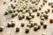 Raw dry peas on wooden background, closeup. Vegetable seeds