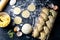 Raw dumpling. Preparation dumplings with potatoes. On dark rustic background. Top views, close-up