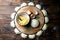 Raw dumpling. Preparation dumplings with potatoes. On rustic board on the wooden background. Top views, close-up