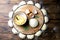 Raw dumpling. Preparation dumplings with potatoes. On rustic board on the wooden background. Top views, close-up