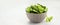 Raw edamame soya beans with salt and sauce on light gray background