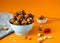 Raw energy balls. Candy vegan balls of dates, raisins, almonds, cashews, dried apricots, oatmeal.