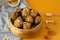 Raw energy balls. Candy vegan balls of dates, raisins, almonds, cashews, dried apricots, oatmeal