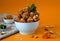 Raw energy balls. Candy vegan balls of dates, raisins, almonds, cashews, dried apricots, oatmeal