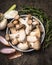 Raw eryngii Mushrooms with herbs and spices on dark wooden table,preparation