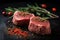 Raw fillet meat on black board with pepper seasoning and green rosemary. Generative AI