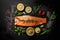 Raw Fish Salmon Filet With Cooking Ingredients On Black Background - Generative AI