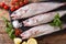 Raw Forkbeard or mostella fish with ingredients close-up on the