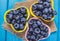 Raw fresh huckleberry in a bowl. Wooden background