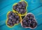 Raw fresh huckleberry in a bowl. Wooden background