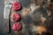 Raw fresh marbled meat Steak filet mignon , and old butcher cleaver knife, on old dark rustic background, top view flat lay, with