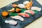 Raw and fresh salmon tuna shrimp and other sushi