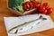 Raw fresh trout lying on a wooden table