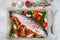 Raw fresh whole fish salmon, trout with vegetables