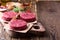 Raw ground beef, round patties for making burgers