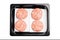 Raw Hamburger , meatballs in black plastick tray isolated on white background.Raw Hamburger in black tray for retail. fast cooking