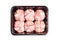 Raw Hamburger , meatballs in black plastick tray isolated on white background.Raw Hamburger in black tray for retail. Hamburger