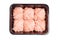 Raw Hamburger , meatballs in black plastick tray isolated on white background.Raw Hamburger in black tray for retail. Hamburger