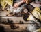 Raw Handmade ravioli Triangoli on rustic wooden background