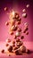 Raw Hazelnuts Creatively Falling-Dripping Flying or Splashing on Pink Background Generative AI