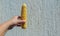 Raw home Golden corn cob in hand on light background, selective focus