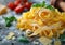 Raw homemade pasta with cheese and basil with tomatoes on kitchen table.Macro.AI Generative