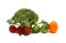 Raw Inflorescences of broccoli and tomatoes of different colors and sizes on a light background. Natural product.