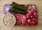 Raw ingredients for cooking dolma. Grape leaves, beef and pomegranate.