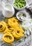 Raw ingredients - homemade pasta, green peas, onions