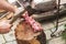 Raw lamb meat cutting, cook hands with ax