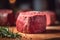 Raw, lean beef steak on a dark background. The meat is perfectly sliced and ready for cooking on a grill.