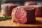 Raw, lean beef steak on a dark background. The meat is perfectly sliced and ready for cooking on a grill.