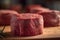 Raw, lean beef steak on a dark background. The meat is perfectly sliced and ready for cooking on a grill.