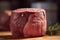 Raw, lean beef steak on a dark background. The meat is perfectly sliced and ready for cooking on a grill.