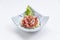 Raw Maguro Bluefin Tuna Spicy Salad in Japanese Painted Ceramic Dish