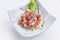 Raw Maguro Bluefin Tuna Spicy Salad in Japanese Painted Ceramic Dish