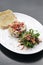 Raw marinated sea bass fish ceviche salad gourmet starter set