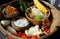 Raw materials for vegan rieu noodle soup or vegetarian bun rieu