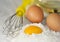 Raw mayonnaise or pancakes ingredients.Eggs with flour and oil.