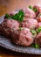 Raw meat balls. Prepared uncooked meat balls in a metal tray. Tr