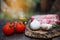 Raw meat beef steak organic fresh ingredient on wooden board table background in kitchen with rosemary, salt, garlic, tomato,